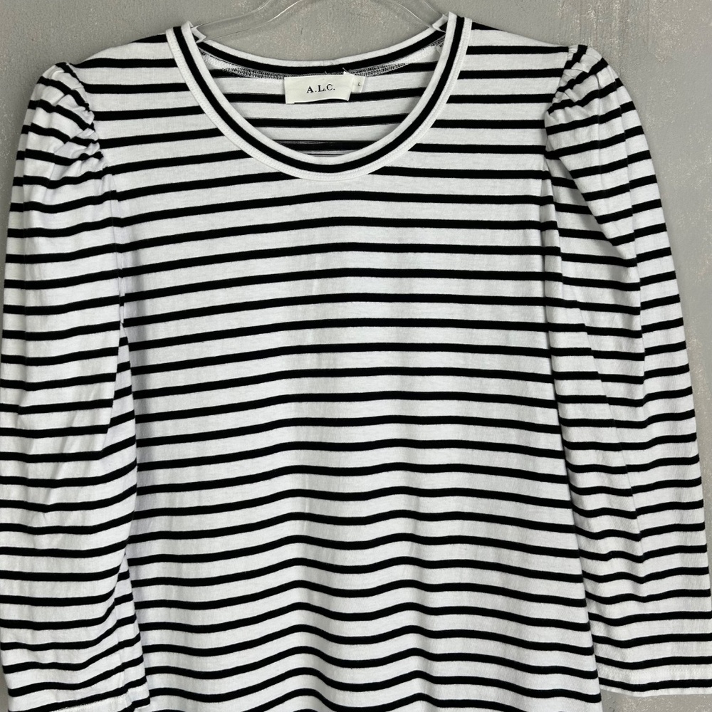 A.L.C size L Kidman mini shirt dress black white stripe 3/4 puff sleeve cotton - Picture 3 of 12